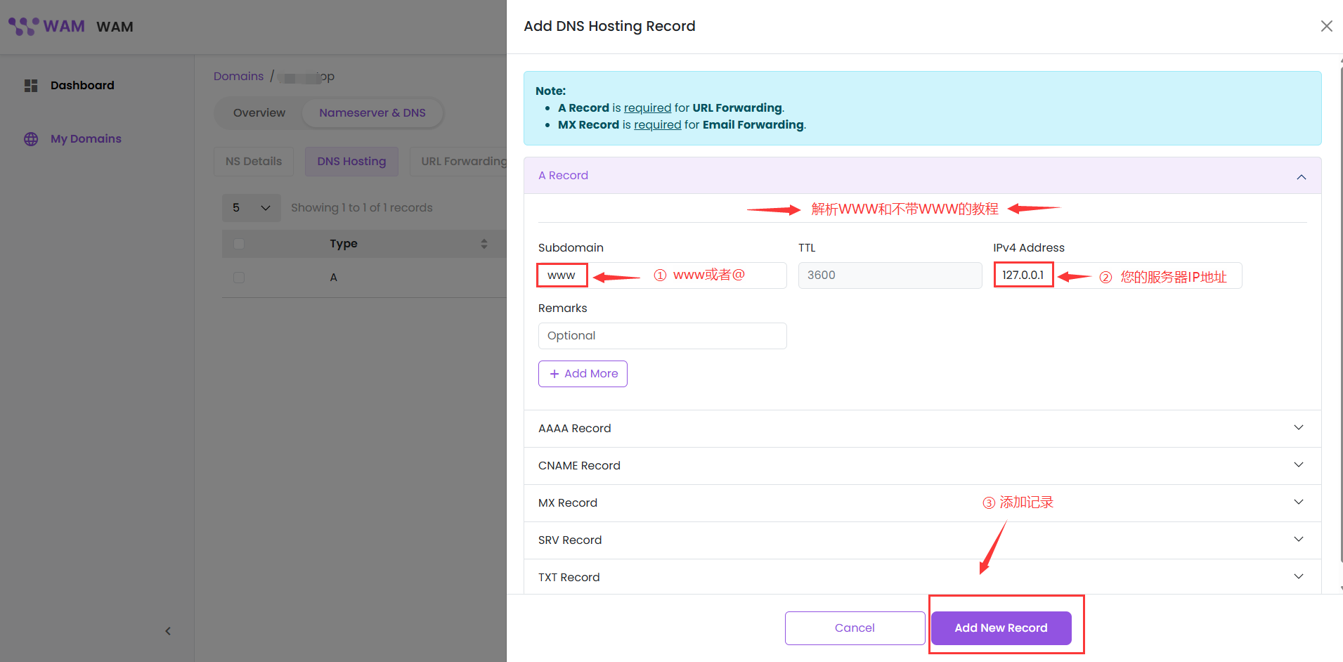 添加 WWW 域名解析记录